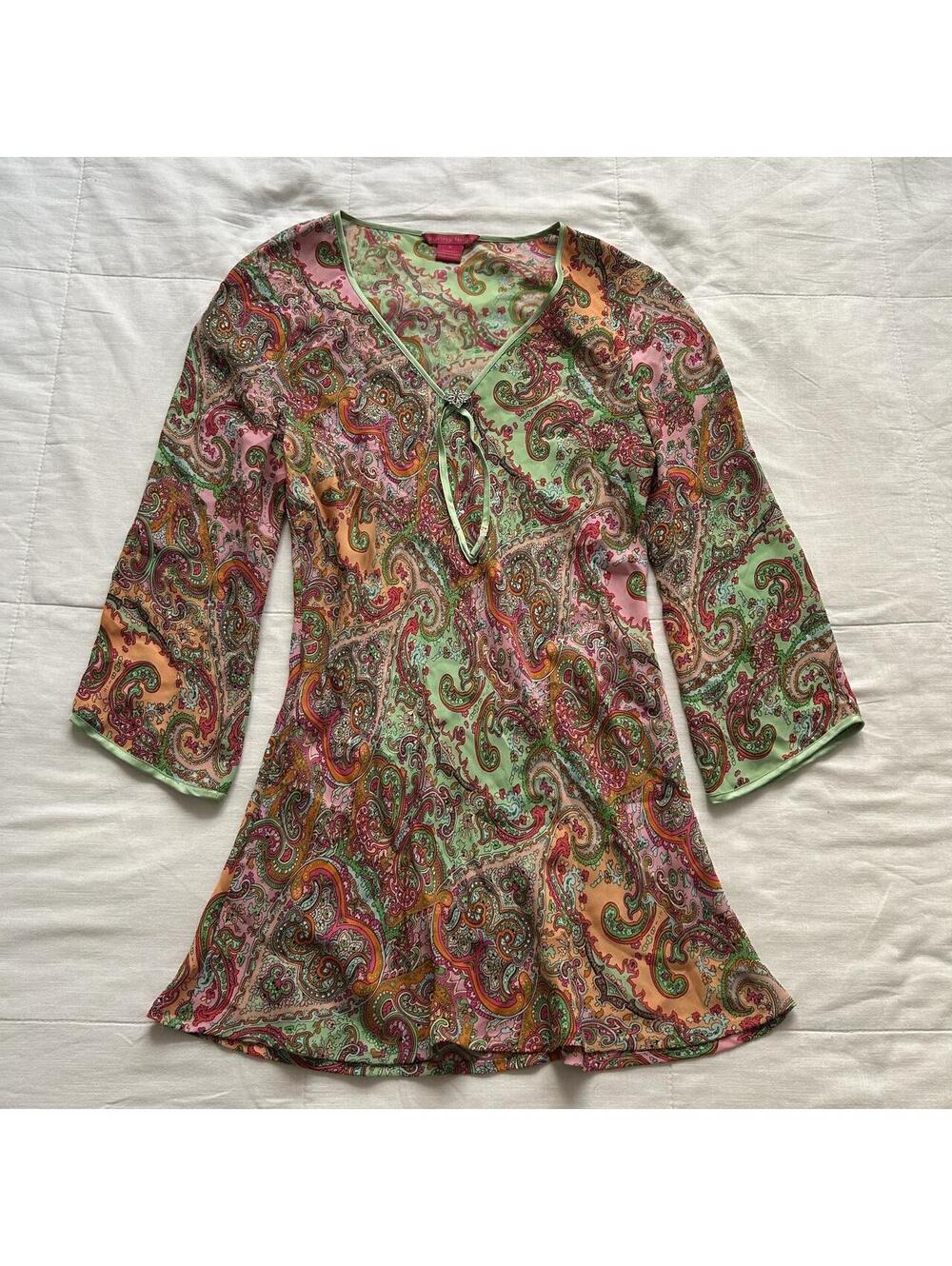 Sunny Leigh Silk Paisley Tunic Top Green Bell Sleeve V Neck Size M